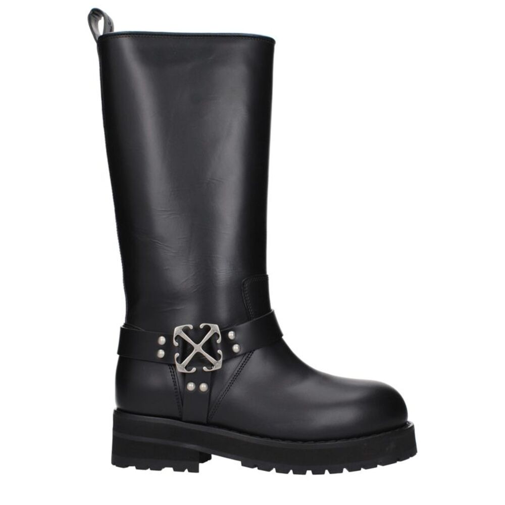 Off-White Black Leather Flat Women's Boots